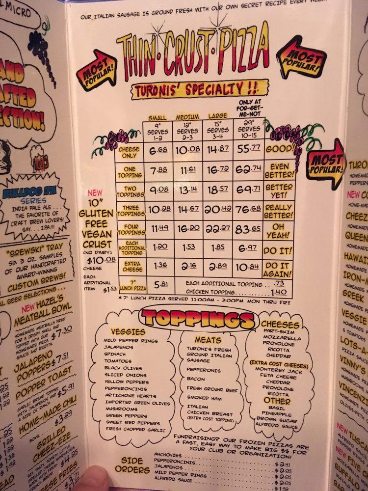 Menu at Turoni's Pizzery & Brewery pizzeria, Evansville, 408 N Main St