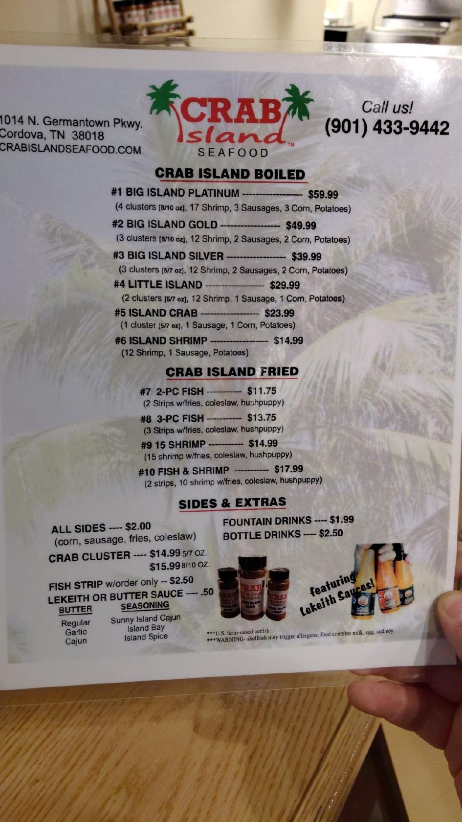 Menu at Crab Island Seafood restaurant, Memphis, N Germantown Pkwy