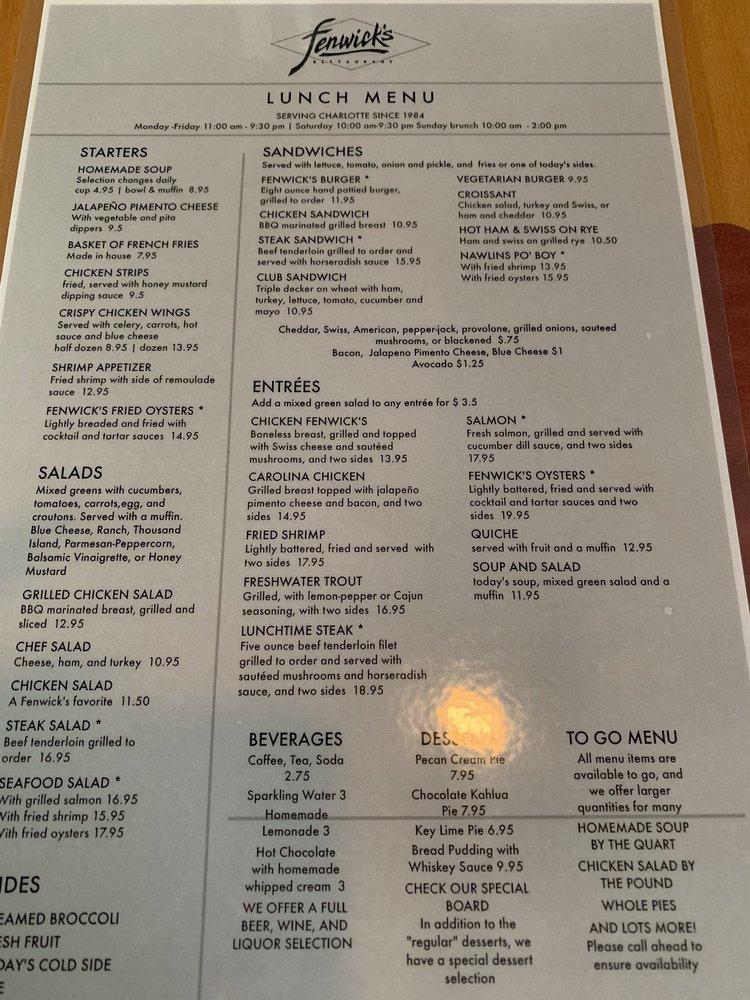 Menu at Fenwick's Restaurant, Charlotte