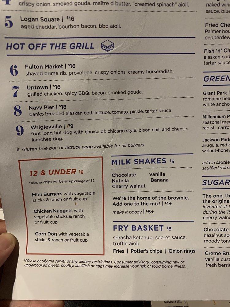 Menu at Potter's Chicago Burger Bar, Chicago