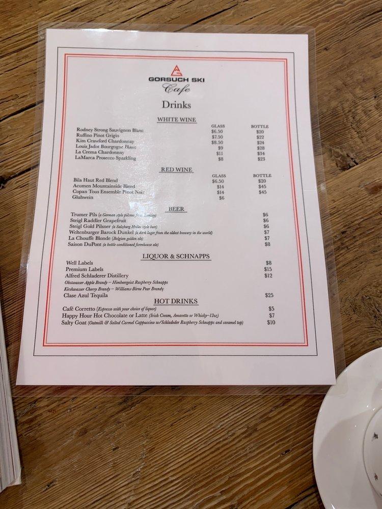 Menu at Gorsuch Ski Café cafe, Vail