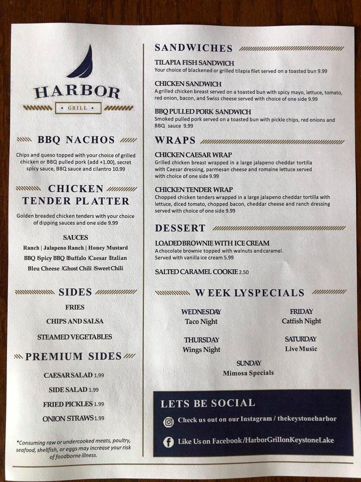 Menu at Keystone Harbor of Oklahoma Marinas pub & bar, Mannford