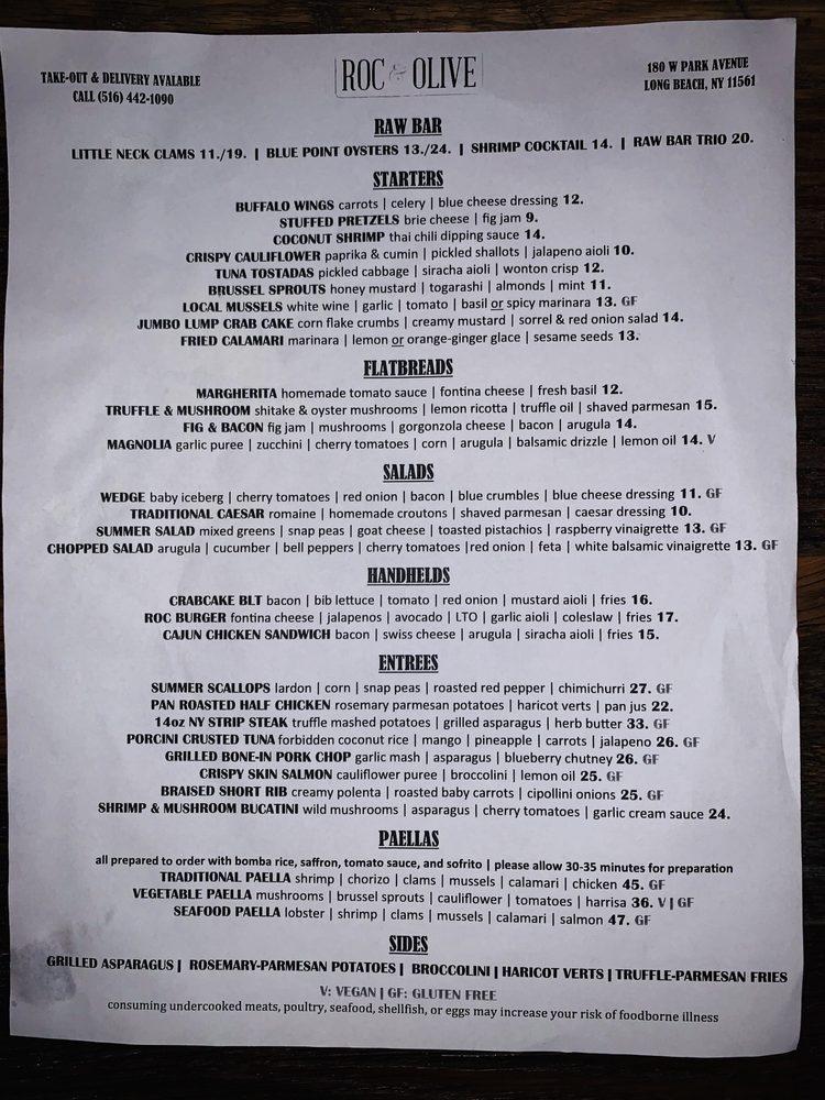 Menu at Roc & Olive restaurant, Long Beach