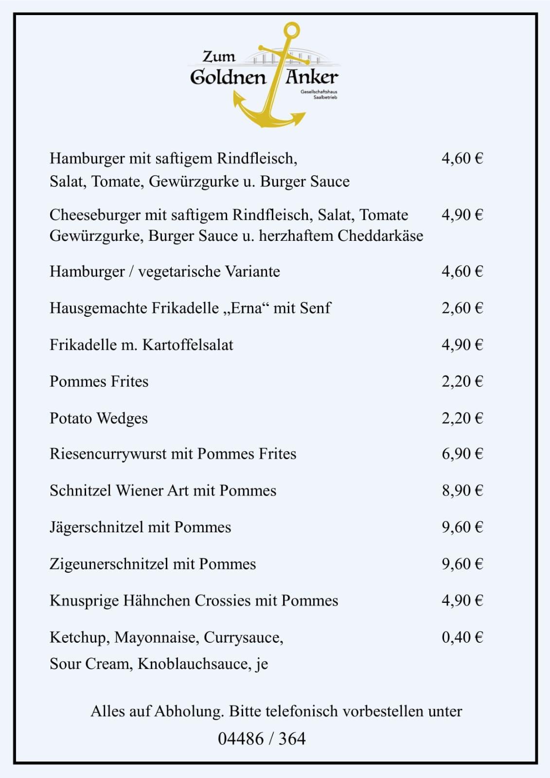 Speisekarte von Zum Goldnen Anker pub & Bar, Edewecht