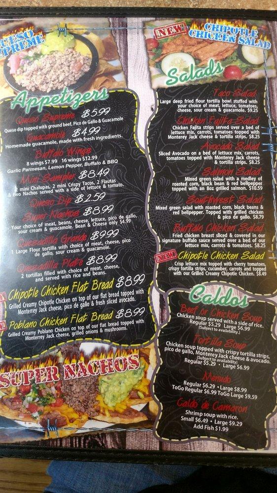 Menu at Taqueria Jalisco restaurant, Falfurrias, US281