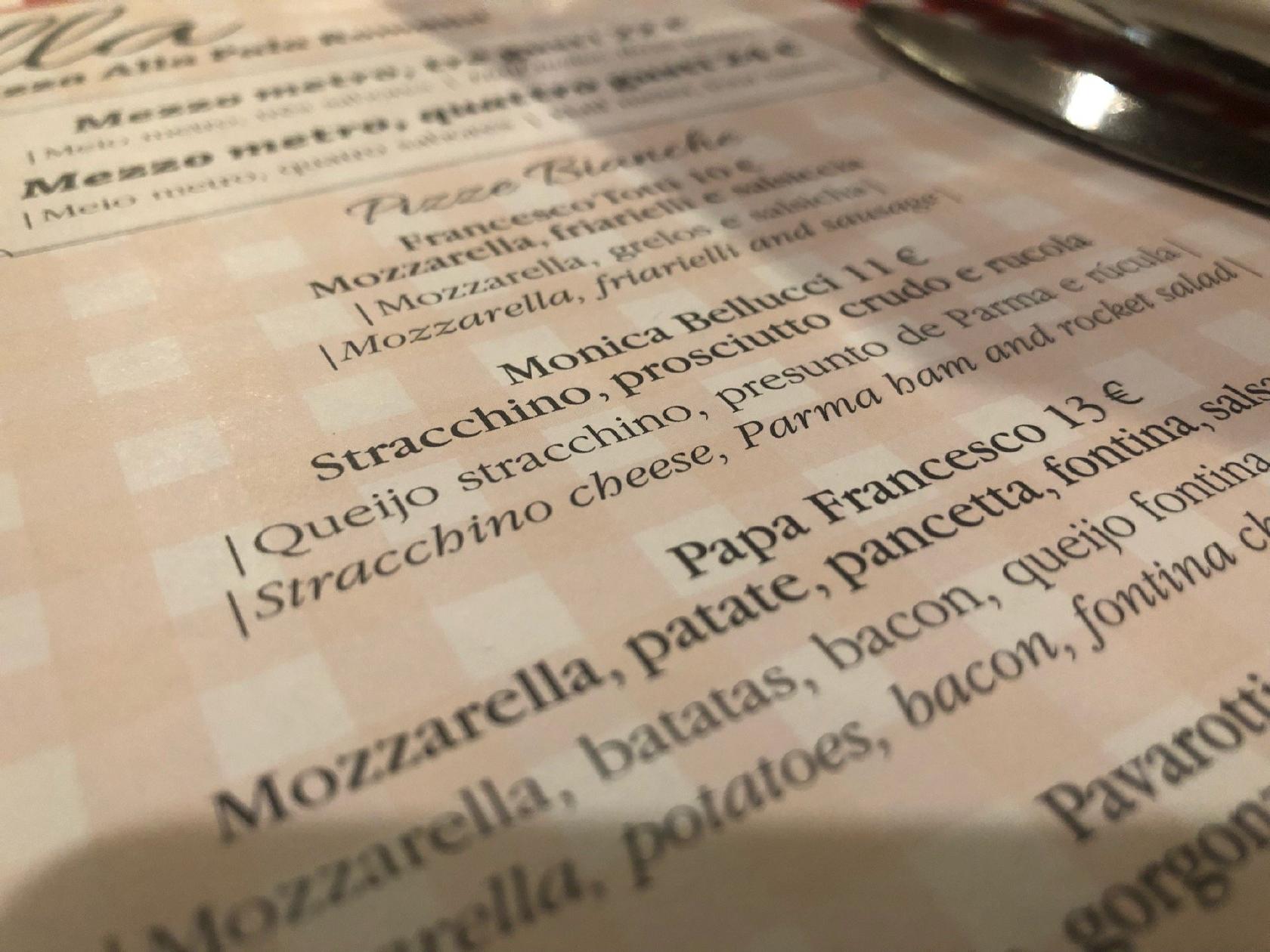 Menu at Sora Lella restaurant, Lisbon
