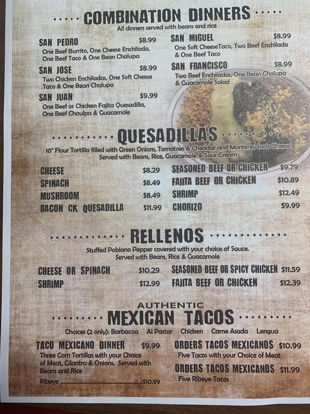 Menu at El Molcajete restaurant, Honey Grove