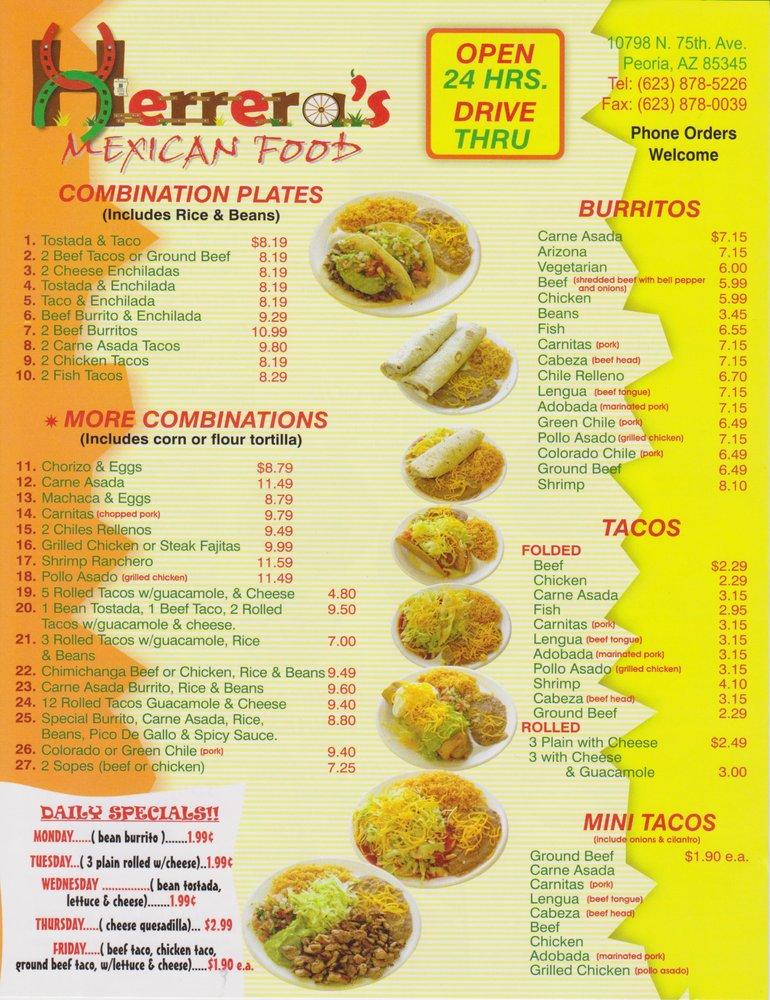 Menu at Herrera's Mexican Food restaurant, Peoria