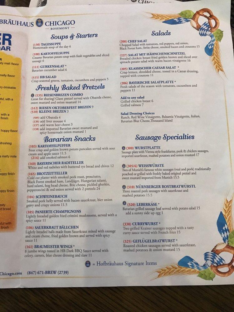 Menu at Hofbrauhaus restaurant, Rosemont, Park Pl