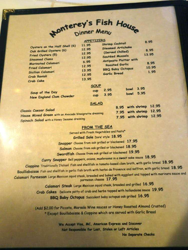 Menu at Monterey's Fish House restaurant, Monterey