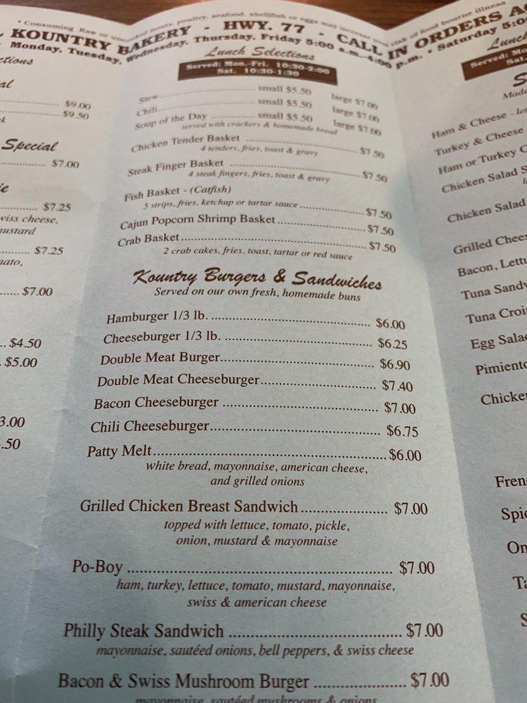 Menu at Original Kountry Bakery, Schulenburg