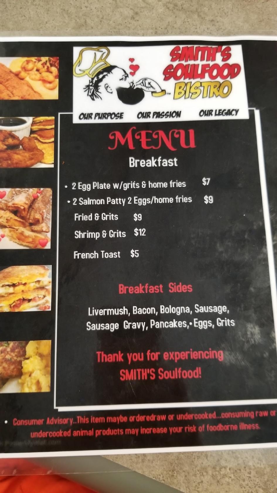 Menu at Smith's Soul Food Bistro restaurant, Gastonia