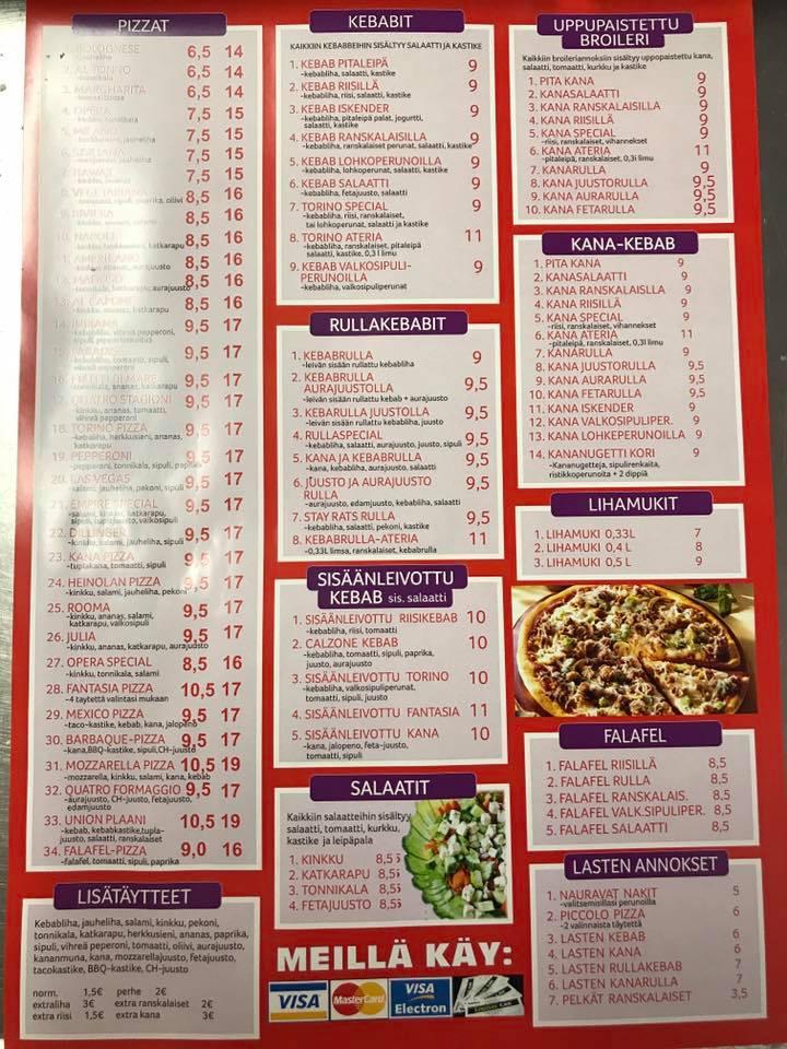 Carta de Torino Pizzeria & Kebab, Heinola