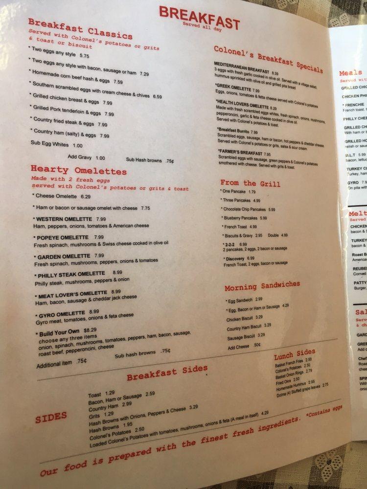 Menu at Colonel's Delicatessen restaurant, Knoxville