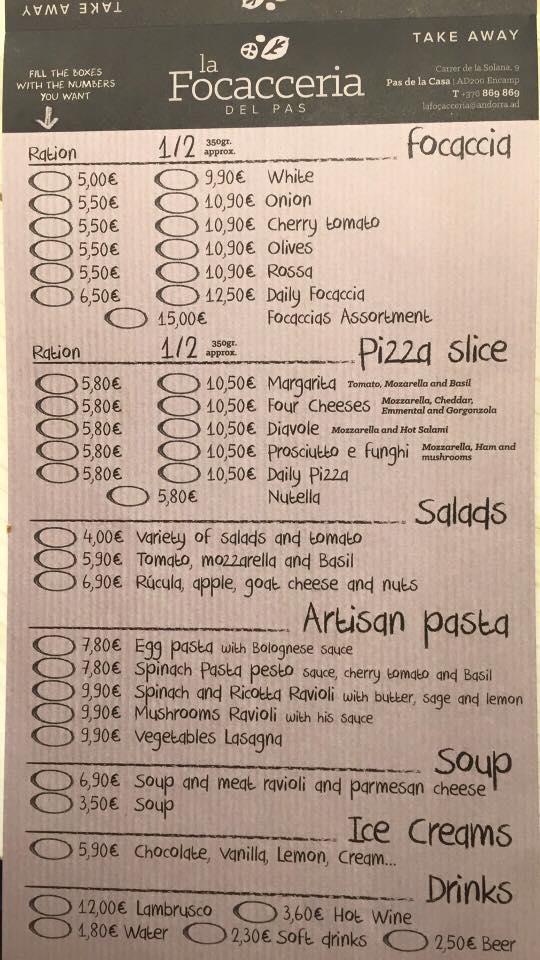 Carta del restaurante La Focacceria del Pas, El Pas del la Casa