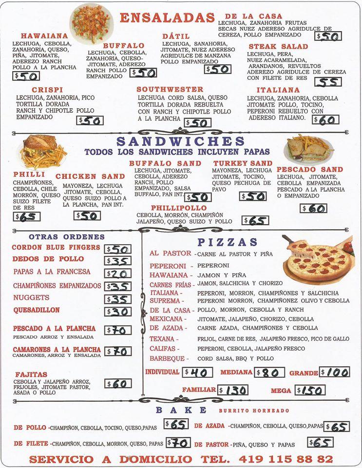 Menu at Burrito Joint pizzeria, San José Iturbide