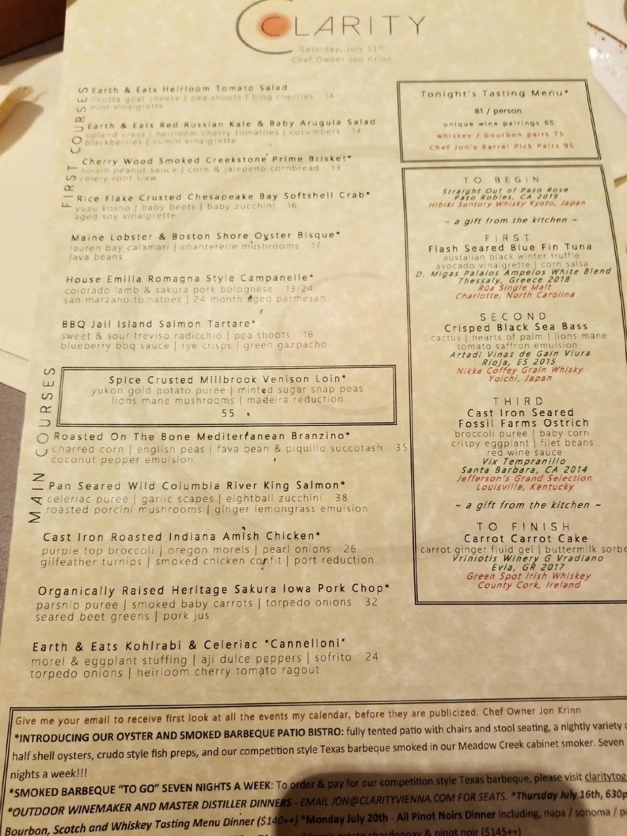 Menu at Clarity pub & bar, Vienna