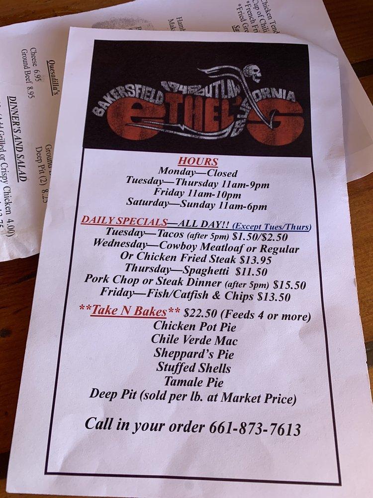 Menu at Ethel's Old Corral Cafe, Bakersfield