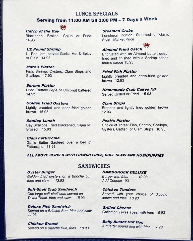 Menu at Peck's Old Port Cove restaurant, Crystal River