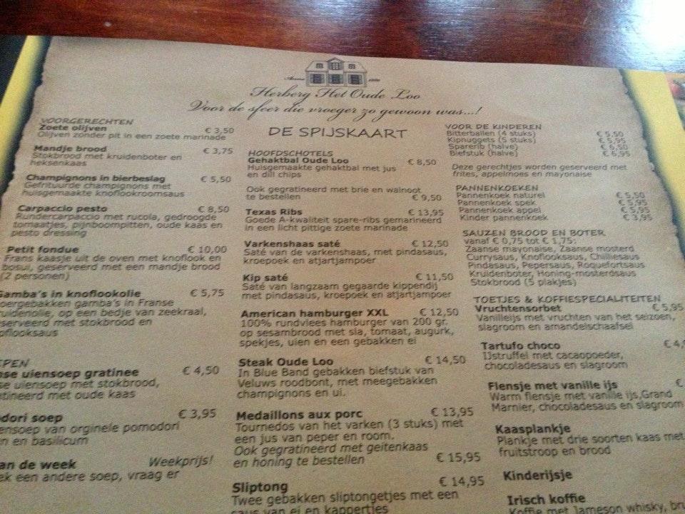 Menu at Bar-Bistro Herberg het Oude Loo, Apeldoorn