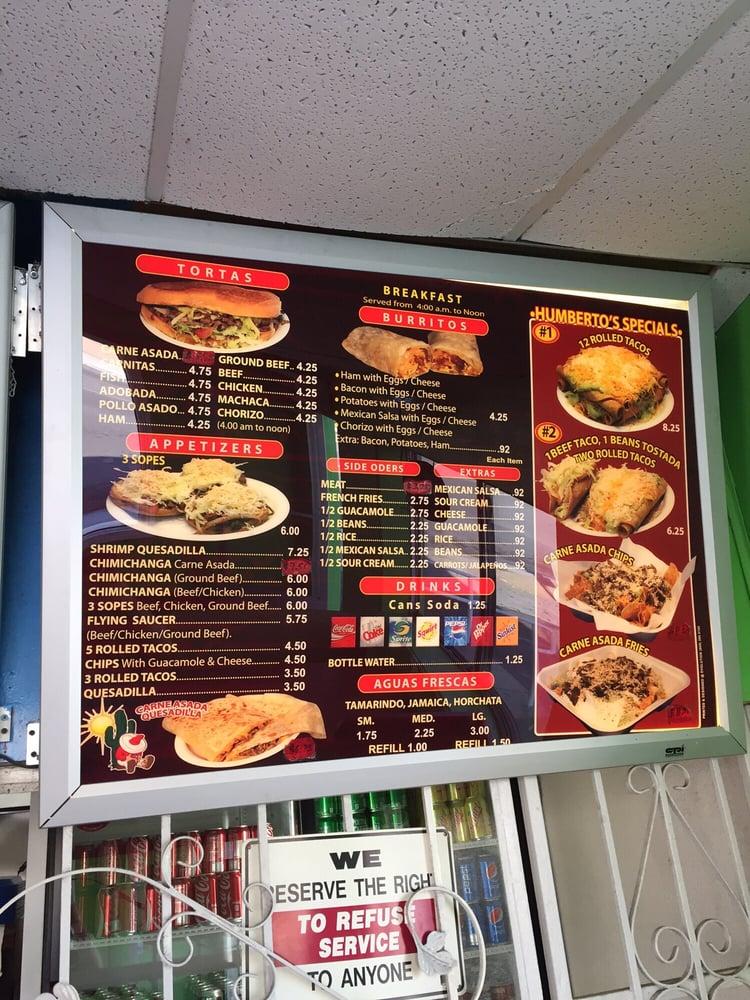 Menu at Humberto's Taco Shop restaurant, San Diego, S 43rd St