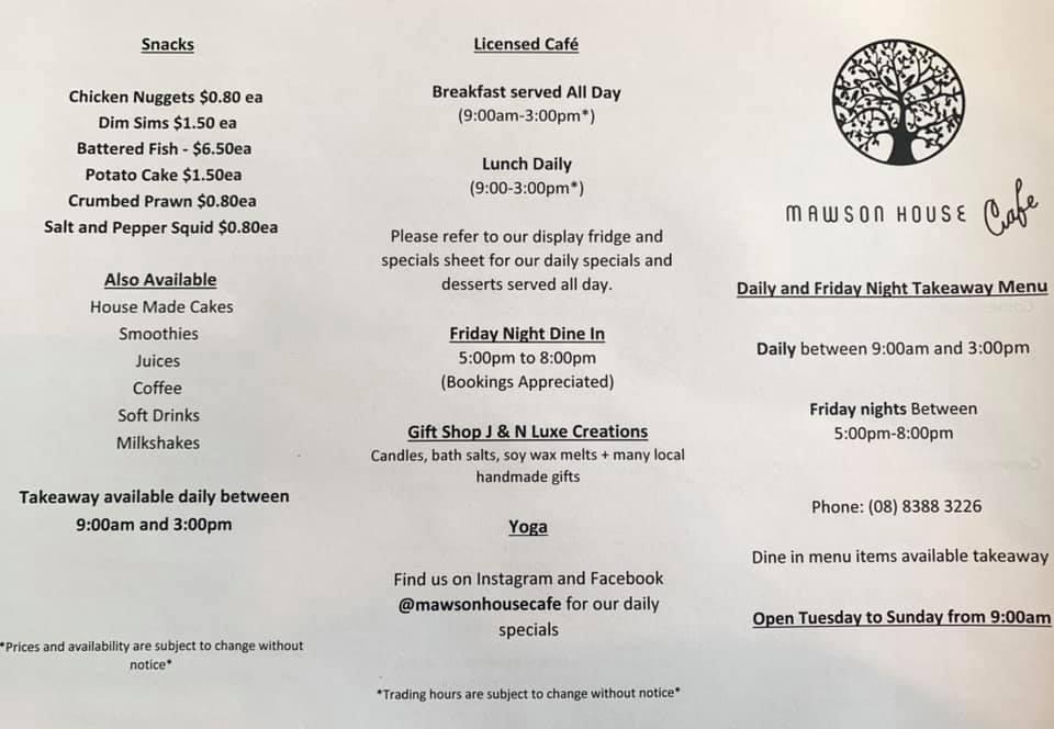 Menu at Mawson House Café cafe, Meadows