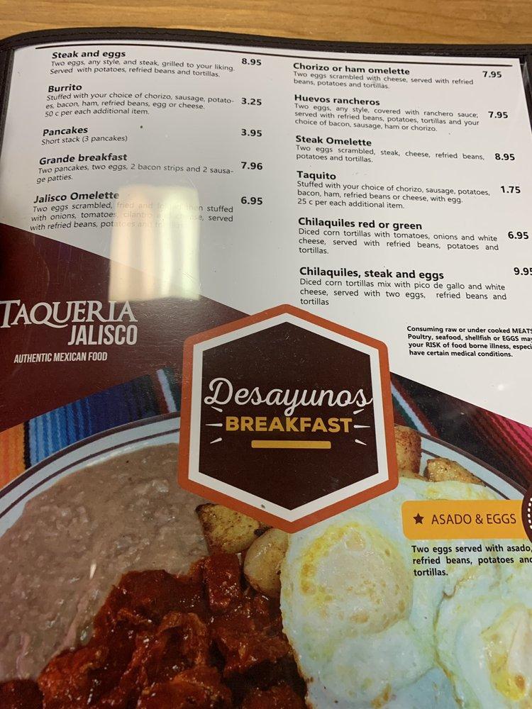 Menu at Taqueria Jalisco restaurant, Roswell