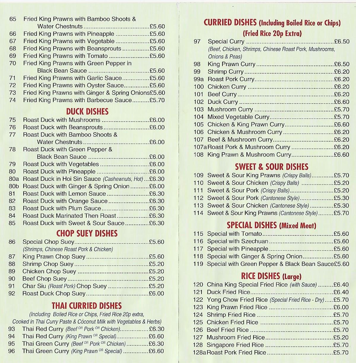 Menu at China King Chinese Takeaway fast food, Lichfield, 112 Netherstowe