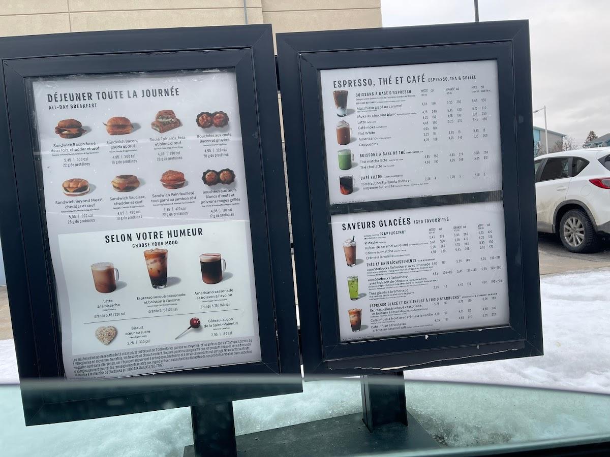 Menu at Starbucks cafe, Laval, Boulevard des Laurentides