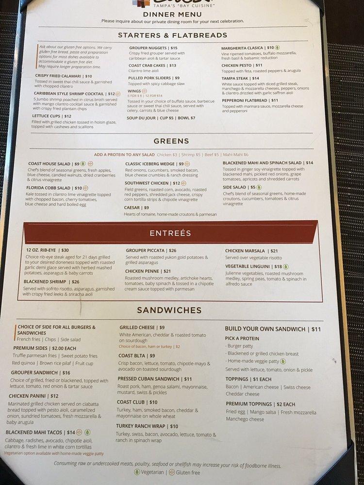 Menu at Coast Westshore restaurant, Tampa