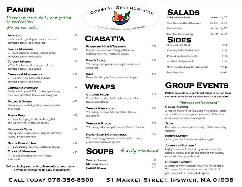 Menu at Coastal Green Grocer restaurant, Ipswich