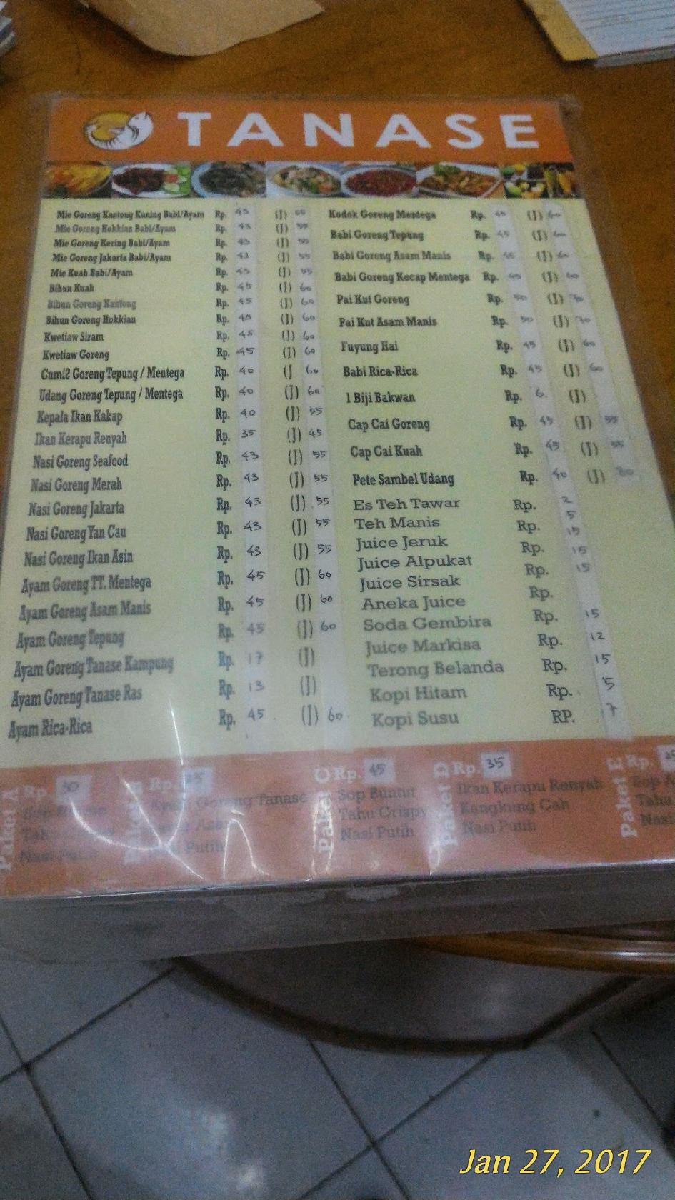 Menu at Rumah Makan Tanase restaurant, Makassar