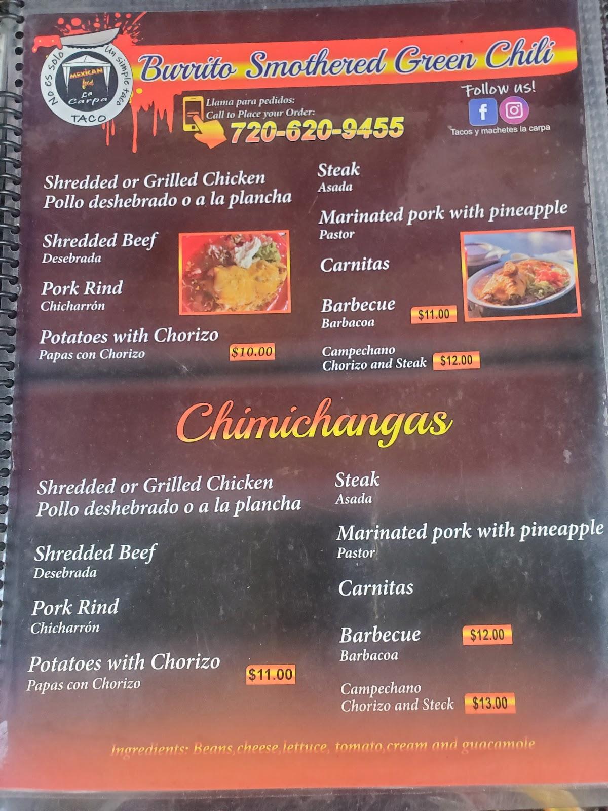 Menu at Tacos Y Machetes la Carpa restaurant, Aurora, E 6th Ave