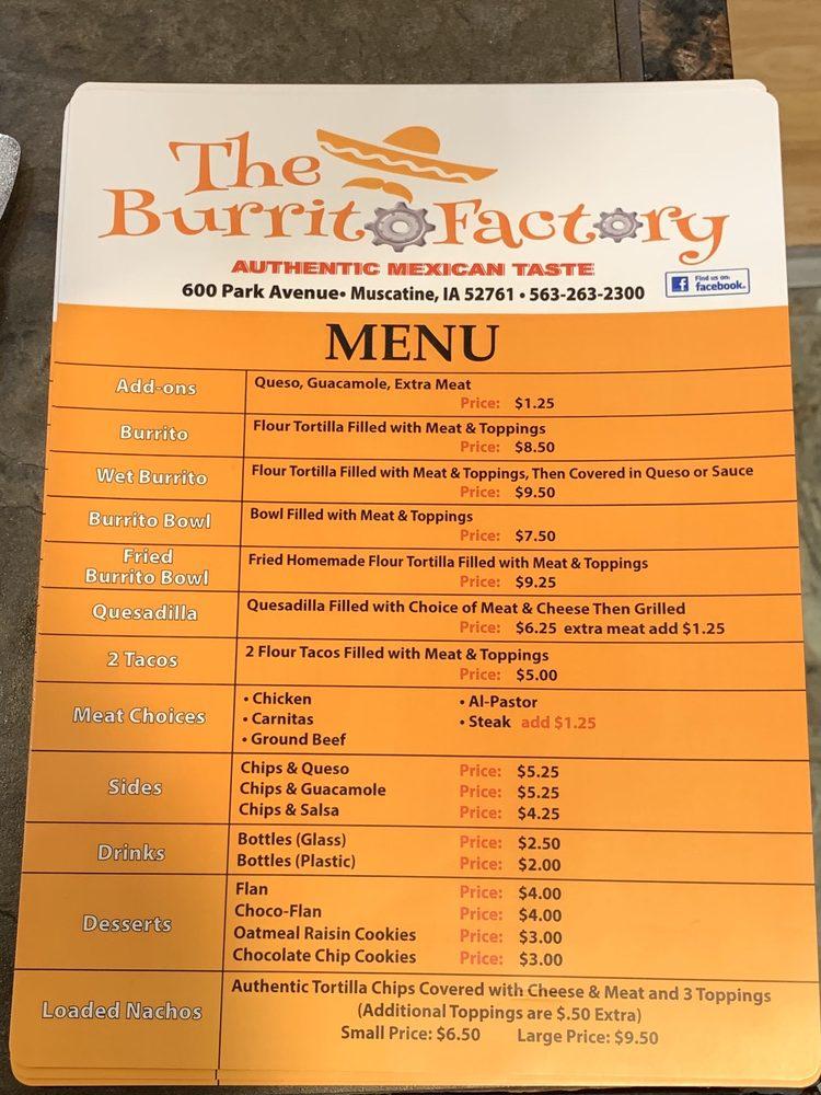 Menu at Burrito Factory restaurant, Muscatine