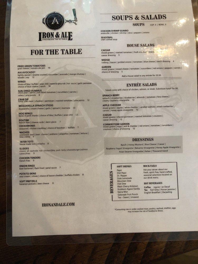 Menu at Iron & Ale Lynchburg Tap and Table pub & bar, Lynchburg, 106 Cornerstone St