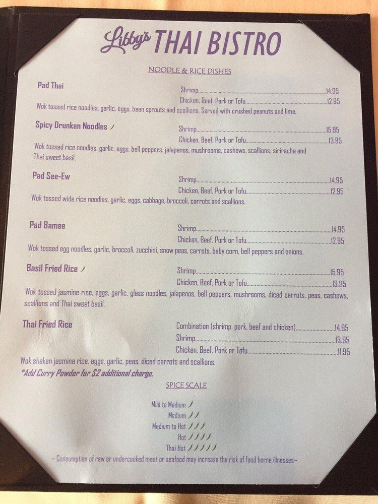 Menu at Libby's Thai Bistro restaurant, St. Augustine