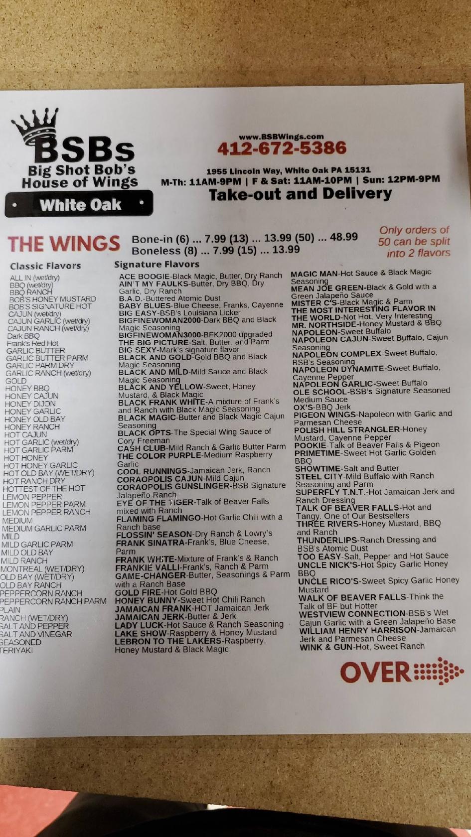 Menu at Big Shot Bob's House of Wings White Oak restaurant, White Oak