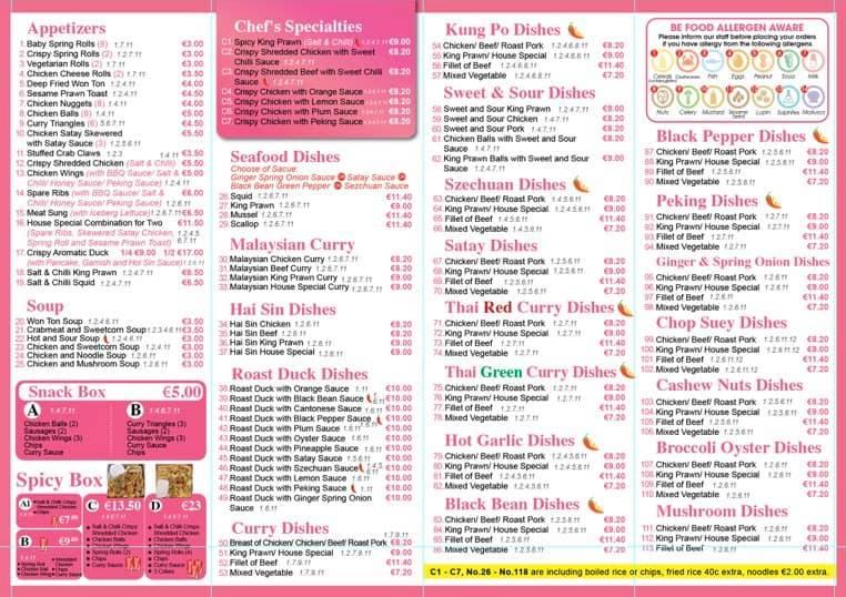 Menu at Lotus House restaurant, Enniscorthy