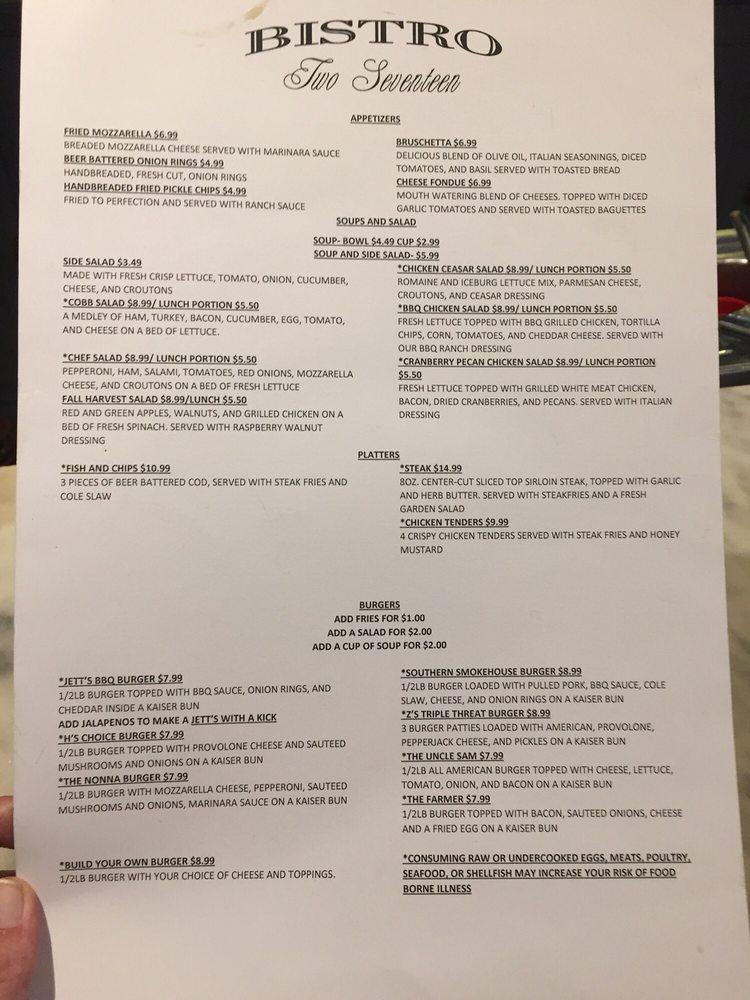 Menu at Bistro 217 restaurant, Galion