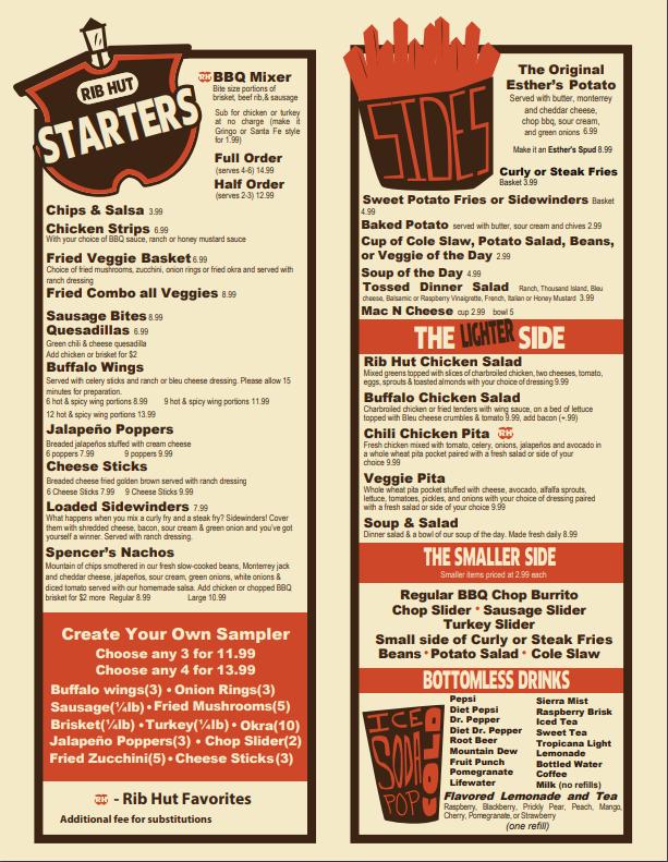 Menu at Rib Hut BBQ, El Paso, N Mesa St