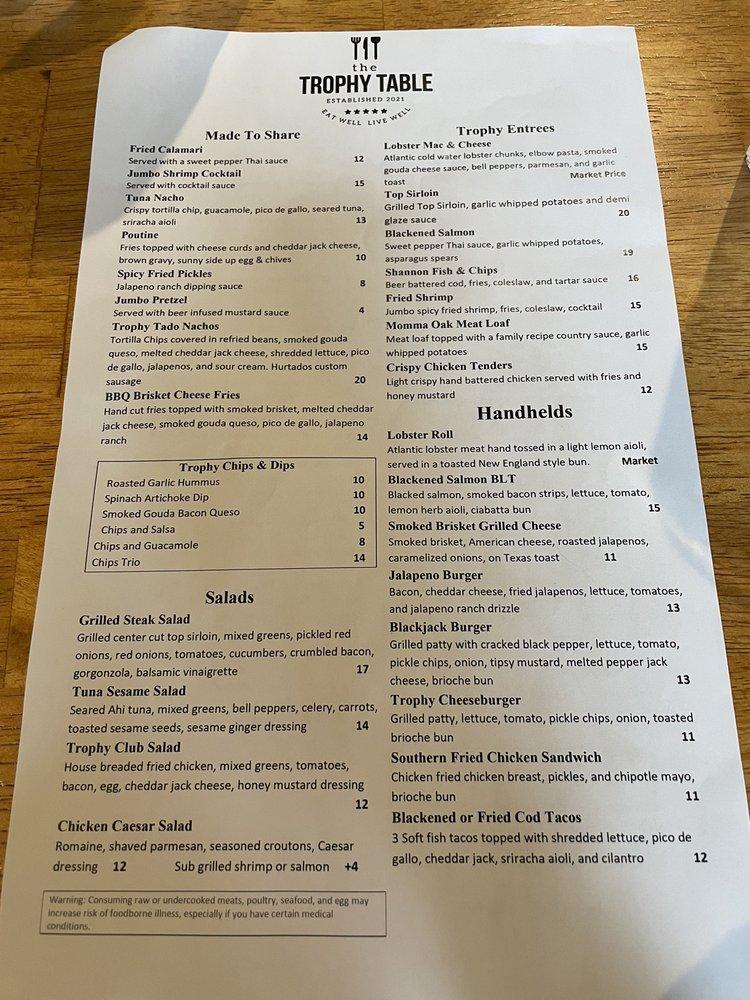 Menu at The Trophy Table pub & bar, Trophy Club