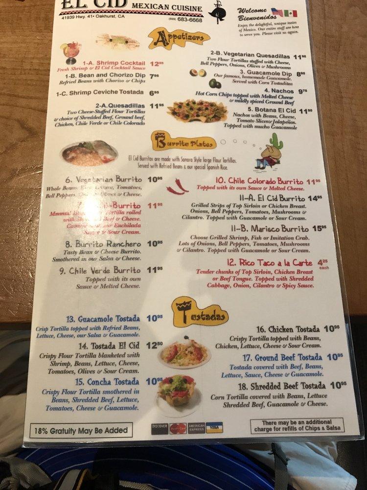 Menu at El Cid restaurant, Oakhurst, CA41