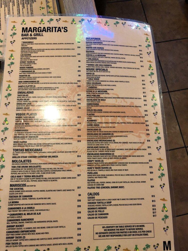 Menu at Margarita's Bar & Grill, Hill