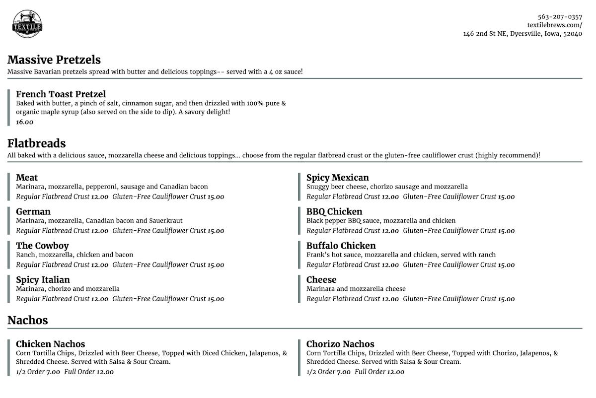 Menu at Textile Brewing Company restaurant, Dyersville