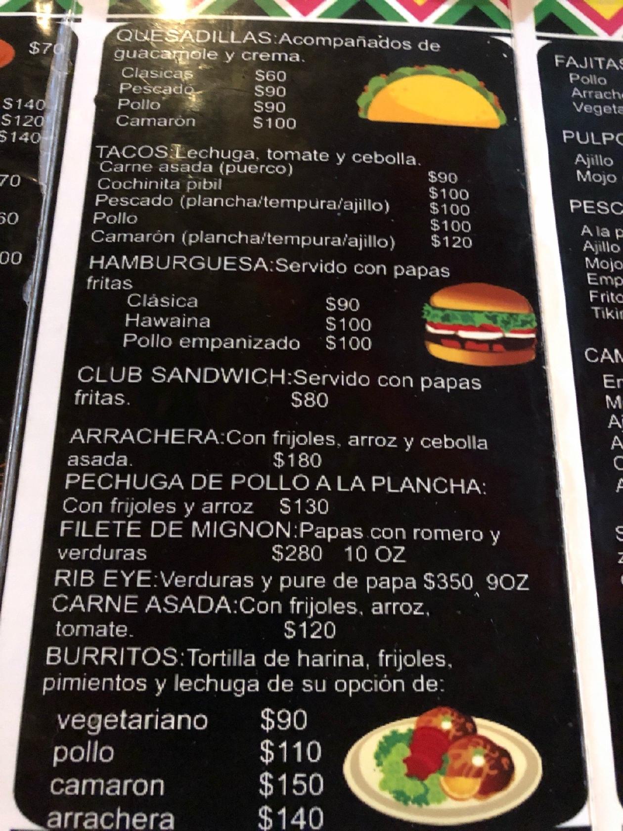 Menu at La Palapa restaurant, Chemuyil, Puma