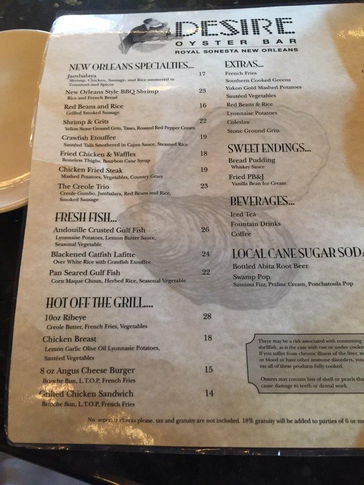 Menu at Desire Oyster Bar, New Orleans