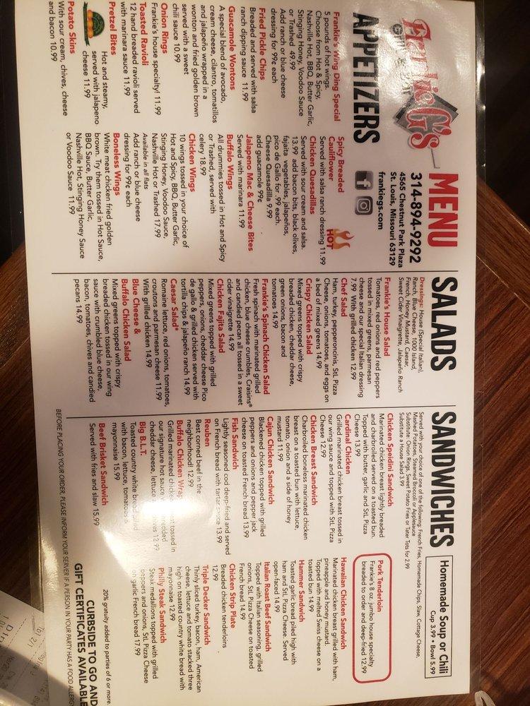 Menu At Frankie G S Bar And Grill Oakville Chestnut Park Plaza