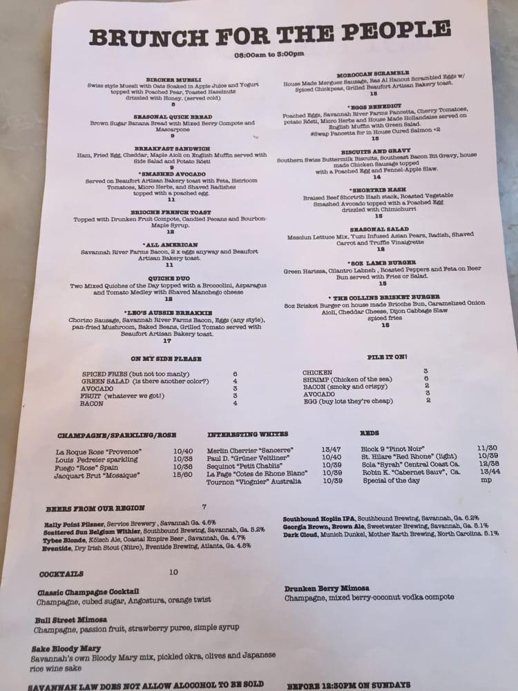 Menu at The Collins Quarter cafe, Savannah, 151 Bull St