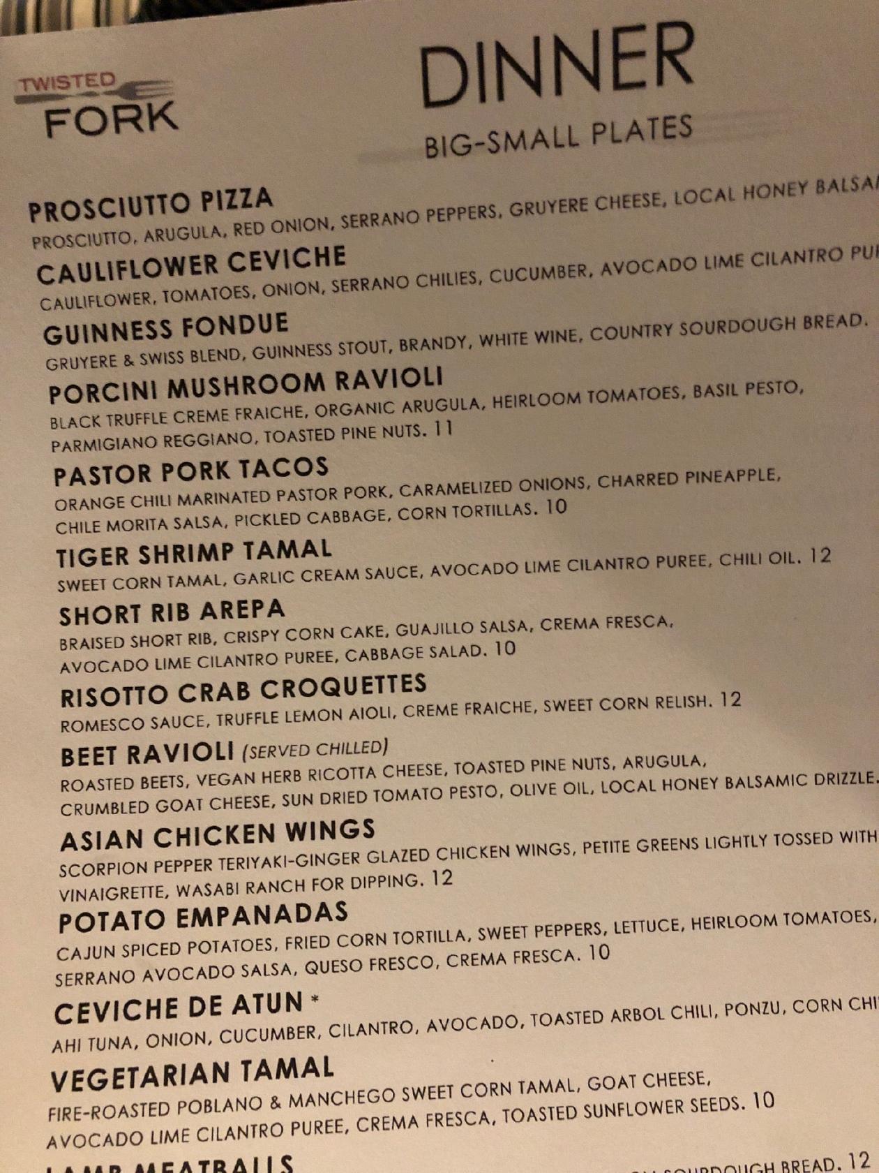 Menu at The Twisted Fork restaurant, Reno