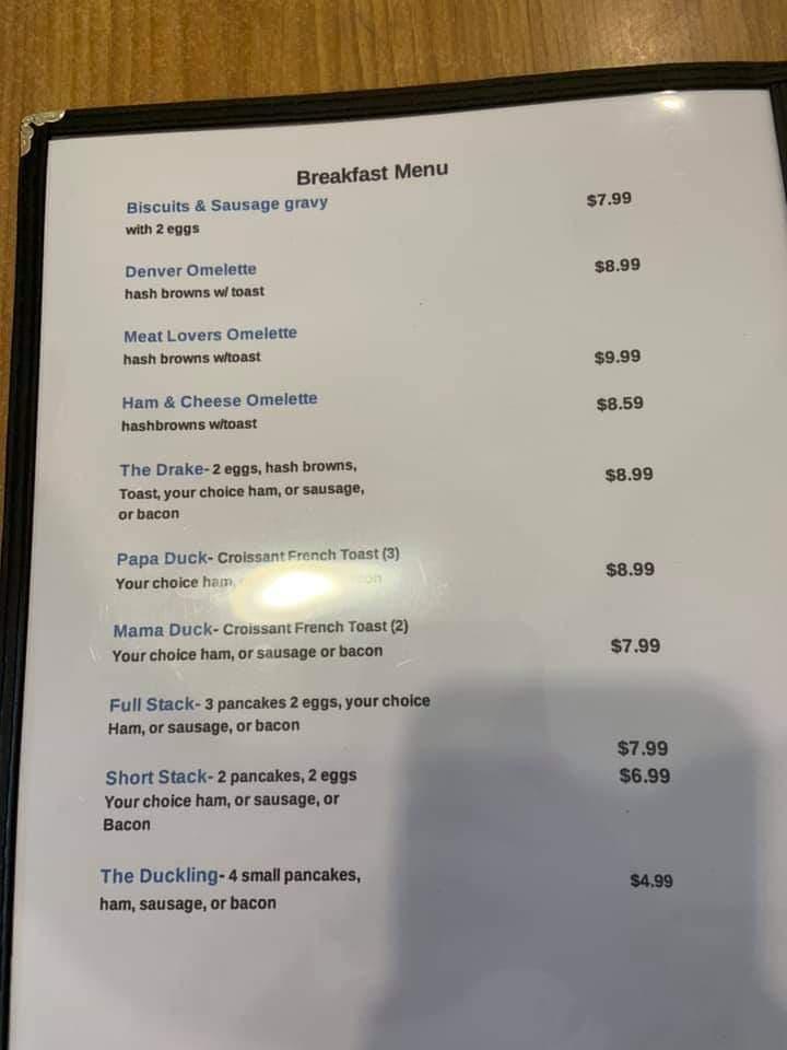 Menu at Hungry Duck restaurant, Blackduck